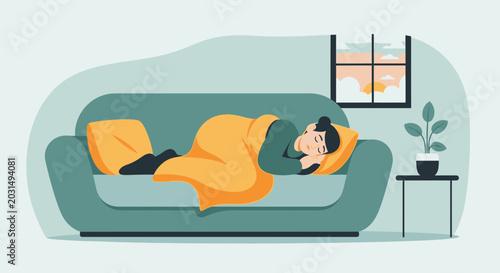 Foto Person sleeping peacefully on a couch covered with a blanket, cozy home relaxati