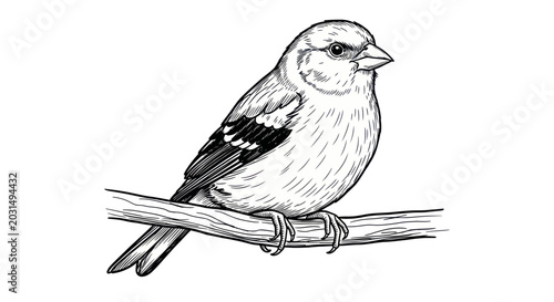Φωτογραφία Hand-drawn illustration of a finch perched on a branch, black and white sketch