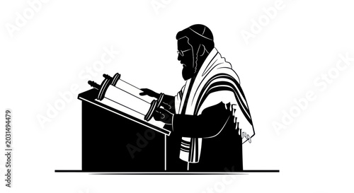 Fotografía Orthodox Rabbi Reading Torah Scroll from Lectern, Religious Jewish Man