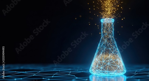Digital science flask with glowing network data particles illustration