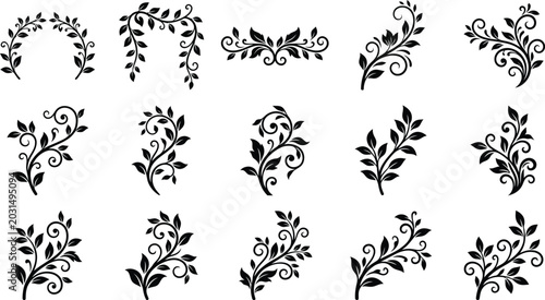 Foto Collection of black swirling floral and leaf ornaments on white background, flor