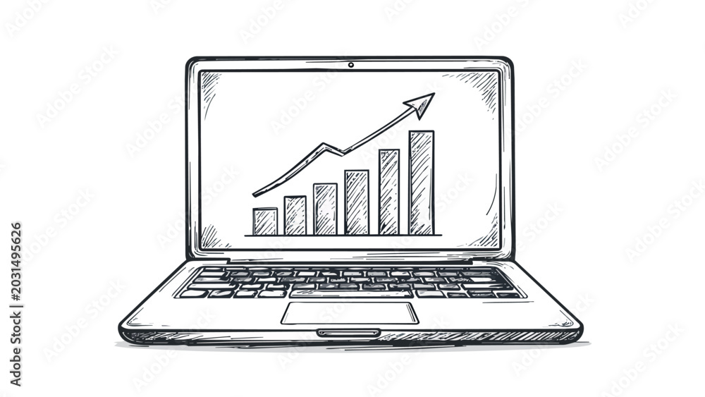 Fototapeta premium Laptop displaying hand drawn business growth graph