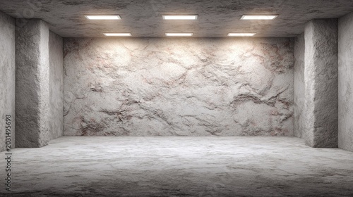 Interior space featuring rough textured stone walls and ceiling mounted illumination