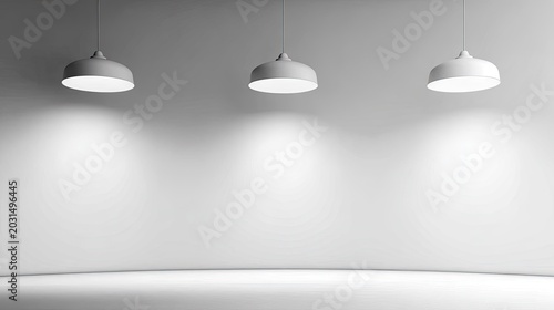 Three modern pendant lights illuminate a stark, empty white interior space
