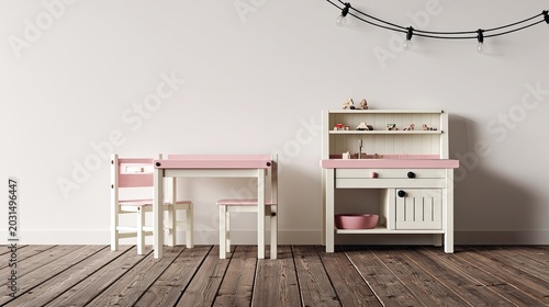 Child sized wooden furniture set including a table, chairs, and play kitchen stands against a bright wall