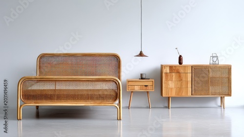 Contemporary bedroom furnishings feature natural wood and woven cane detailing against a bright interior wall