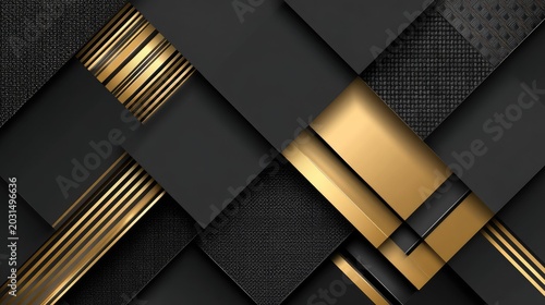 Interlocking geometric planes feature contrasting textures of matte black and polished gold accents