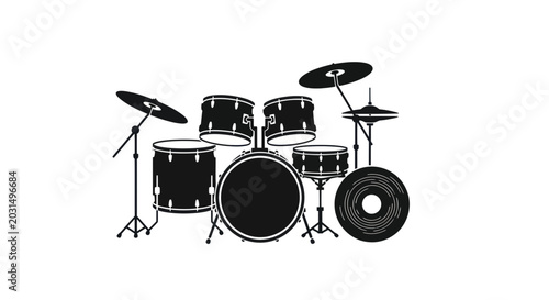 Tableau sur toile Drum Kit Silhouette, Musical Instrument, Black and White