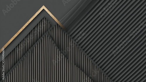 Geometric abstract composition featuring layered dark gray panels with gold accents and textured lines