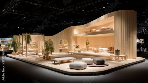 Contemporary interior design exhibition booth showcases natural wood furniture and organic shapes