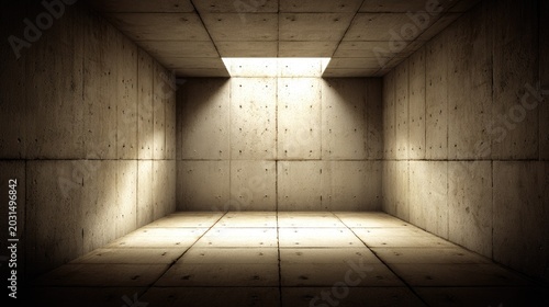 Empty concrete room interior illuminated by a single overhead light source