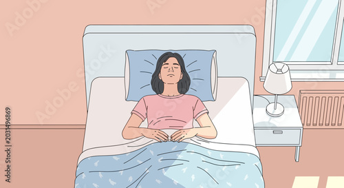 Photos Woman sleeping peacefully in bed, morning sunlight streaming through window