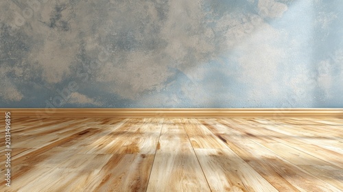 Interior space features distressed blue textured wall above polished wood flooring and trim