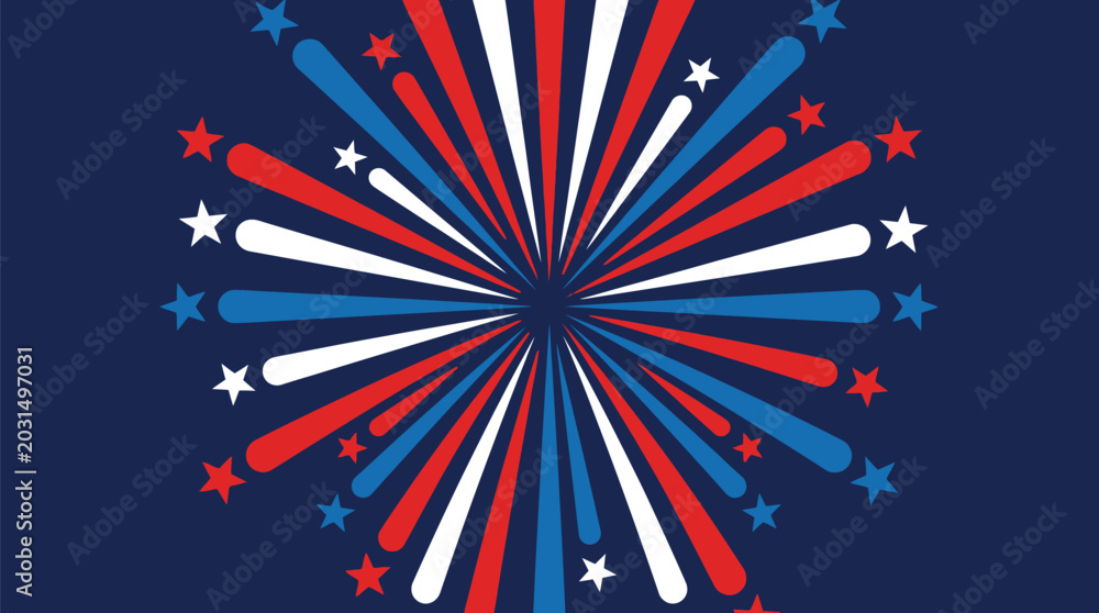 Fototapeta premium Fireworks display bursts with vibrant red, white, and blue colors against a dark navy night sky.