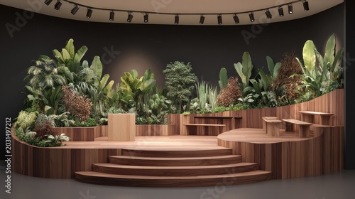 Interior presentation stage design features natural wood tiers and lush tropical foliage backdrop