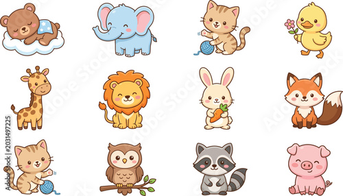 Canvas Print Cute baby animals collection vector flat illustration set isolated on white back