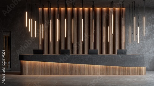 Modern reception area features a dark stone counter set against vertical wood paneling with dramatic lighting fixtures