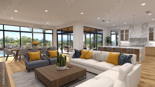 Contemporary open concept living area seamlessly connects with the outdoors through expansive glazing