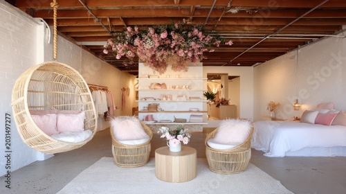 Interior space displays bohemian inspired furniture beneath a ceiling floral arrangement