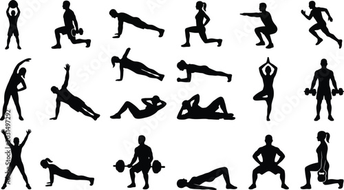 Foto Fitness workout silhouette vector icon set of people doing gym exercises and tra