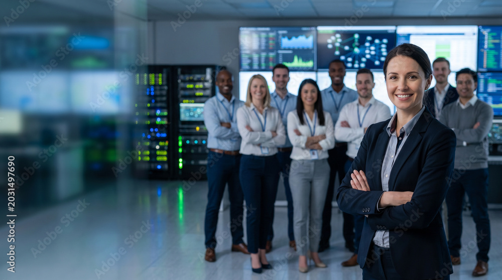 Fototapeta premium Female telecommunications engineer with network operations team, IT specialists, telecom technicians, technical support staff, digital infrastructure, communication technology, operations center