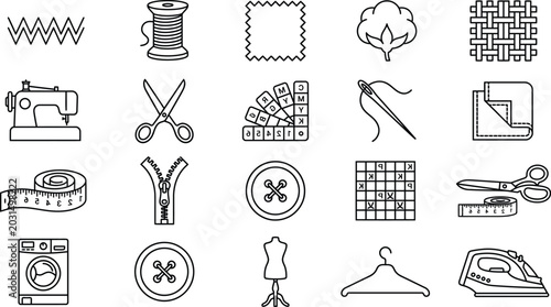 Foto Sewing and tailoring icon vector set black line art illustrations of dressmaking