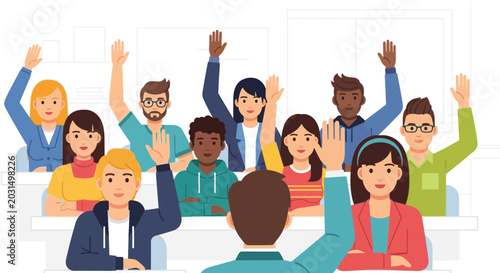 Canvastavla Diverse students raising hands in classroom, eager to answer questions, educatio