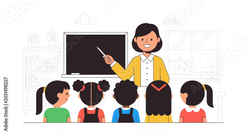 Tableau sur toile Teacher instructing diverse children in classroom, education concept