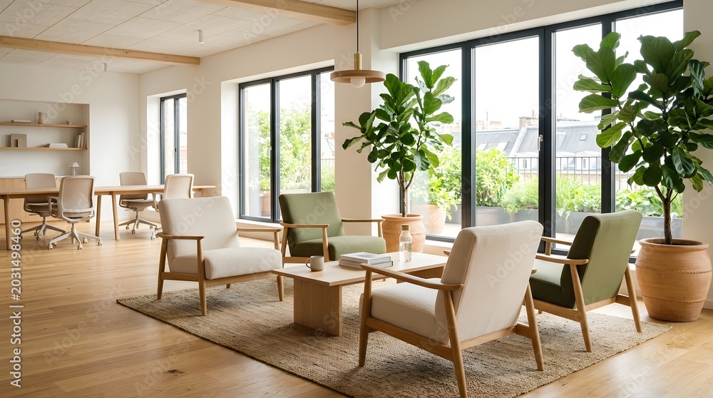 Fototapeta premium Bright and modern co-working lounge with comfortable seating, natural light, and lush plants