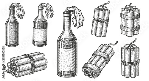 Quadro su tela Molotov Cocktail and Dynamite Bundle Illustration