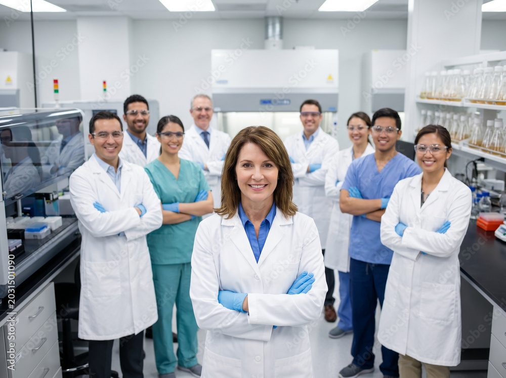 Fototapeta premium Female biotechnology scientist with laboratory research team, microbiologists, lab technicians, scientific researchers pharmaceutical innovation medical science biotech industry modern laboratory 