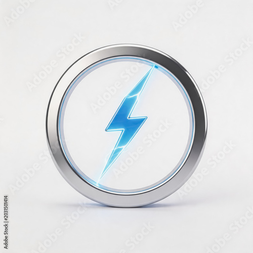 A polished 3D metallic circular badge featuring a glowing blue lightning bolt symbol for electric power and energy themes, set against a clean white background.