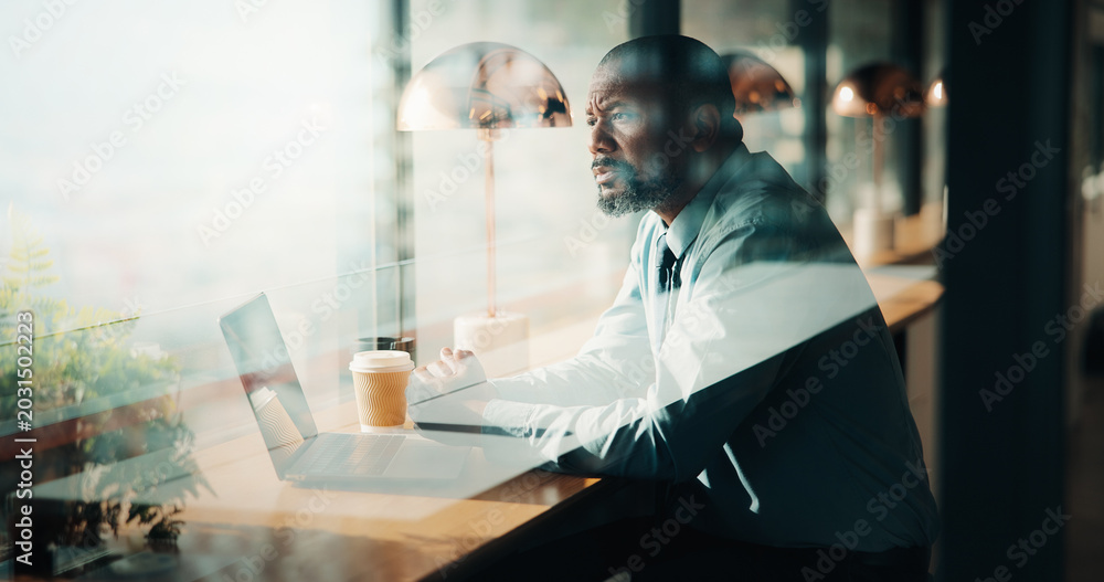Fototapeta premium Serious, business and thinking with black man at cafe for accounting, planning and audit solution. Mature person, laptop or accountant with reflection, problem solving and ideas for financial funding