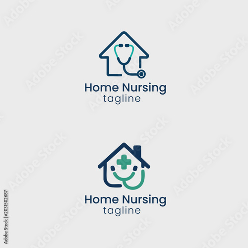 Home nursing healthcare logo vector template with house and stethoscope