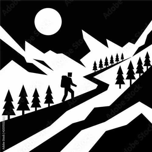 Winter Mountain Hiking Under Full Moon - AI Generated