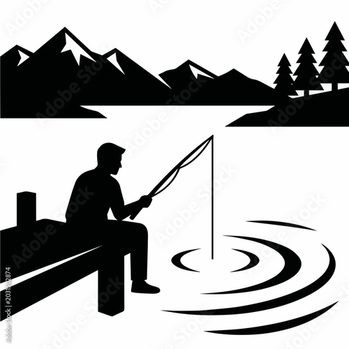 Fishing from Wooden Dock on Mountain Lake - AI Generated