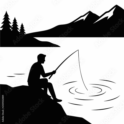 Fisherman Sitting by Lake Shore Illustration - AI Generated