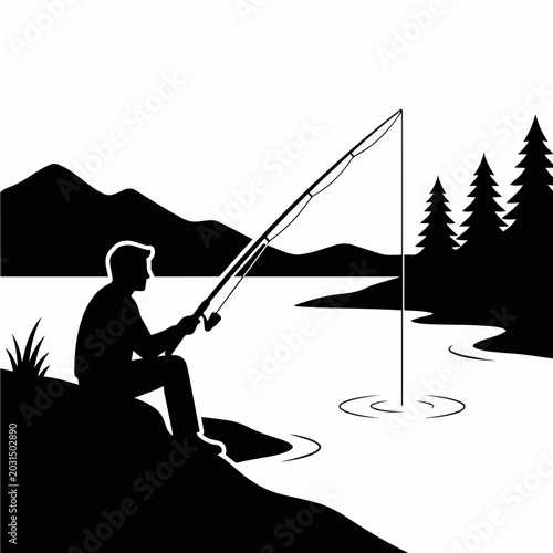 Lakeside Fishing Silhouette with Mountains - AI Generated