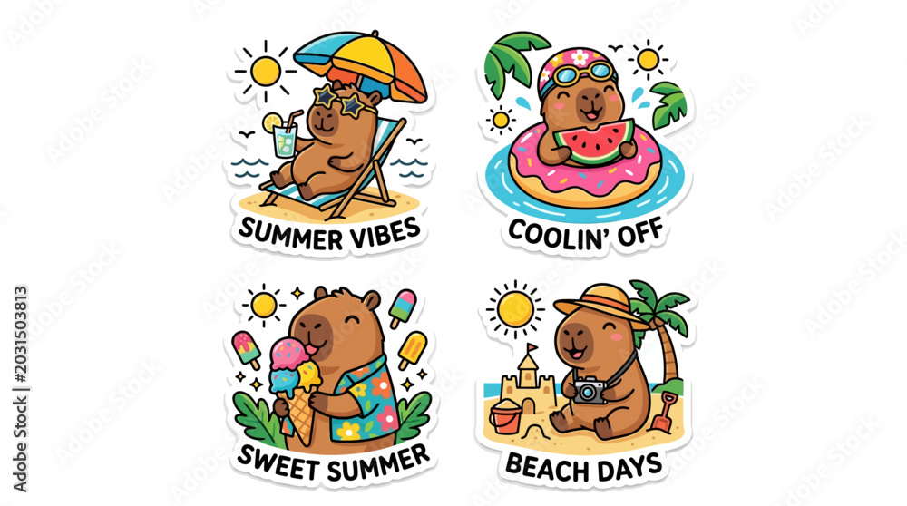 Fototapeta premium Brown bears enjoy summer vibes with coolin off floaties and sweet treats