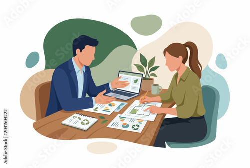 Couple Discussing Financial Plan for Sustainable Eco Home Workspace