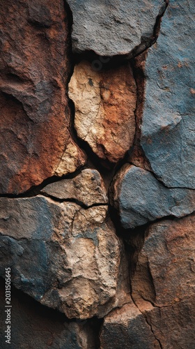 Close up textured rough stone wall with natural cracks and varied earthy tones