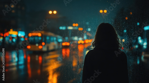 Silhouette Of Woman Watching City Traffic In Rain