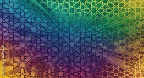 Colorful geometric islamic pattern with intersecting lines and vibrant rainbow gradient background