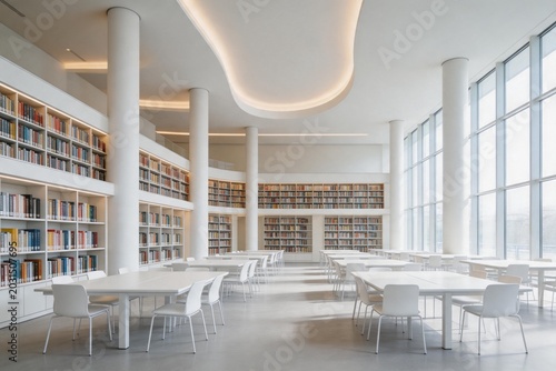 Modern library interior with bookshelves and tables