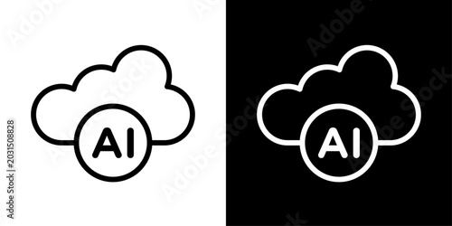 Minimal AI cloud icon in outline style featuring artificial intelligence, cloud computing, smart data processing, and digital technology systems.