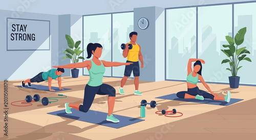 Foto Diverse group exercising in a bright, modern gym with large windows and plants