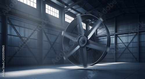 Industrial fan in motion inside a large empty warehouse