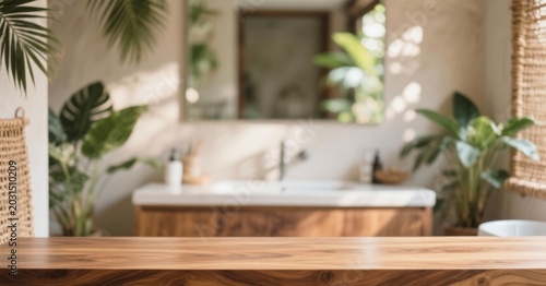 Wooden Tabletop in Boho Bathroom with Plants and Natural Light for Interior Design