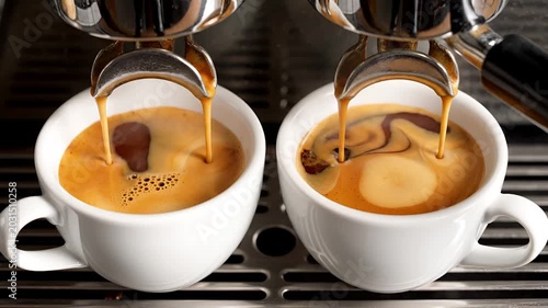 Two cups of espresso being brewed simultaneously in a coffee machine.