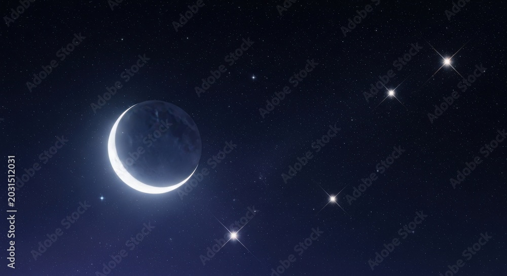 Fototapeta premium Crescent moon shining brightly in a dark night sky surrounded by twinkling stars and planets